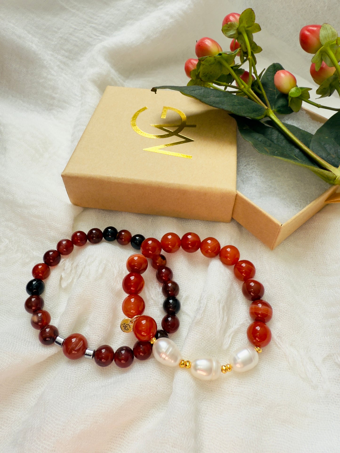 Man + Woman Bracelet Set of Liver Agate, Red Agate, and Freshwater Pearls