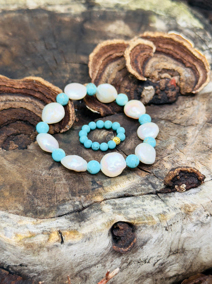 Natural Pearl - Turquoise Bracelet with Turquoise Ring Set