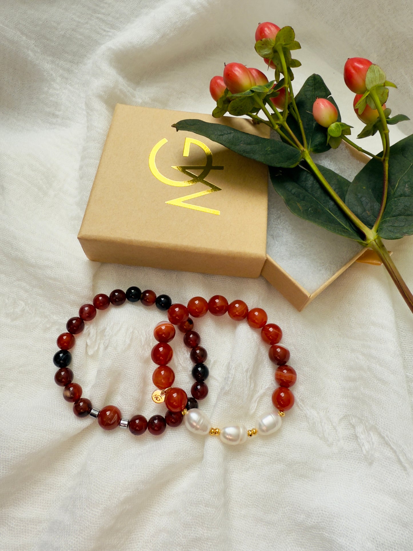 Man + Woman Bracelet Set of Liver Agate, Red Agate, and Freshwater Pearls
