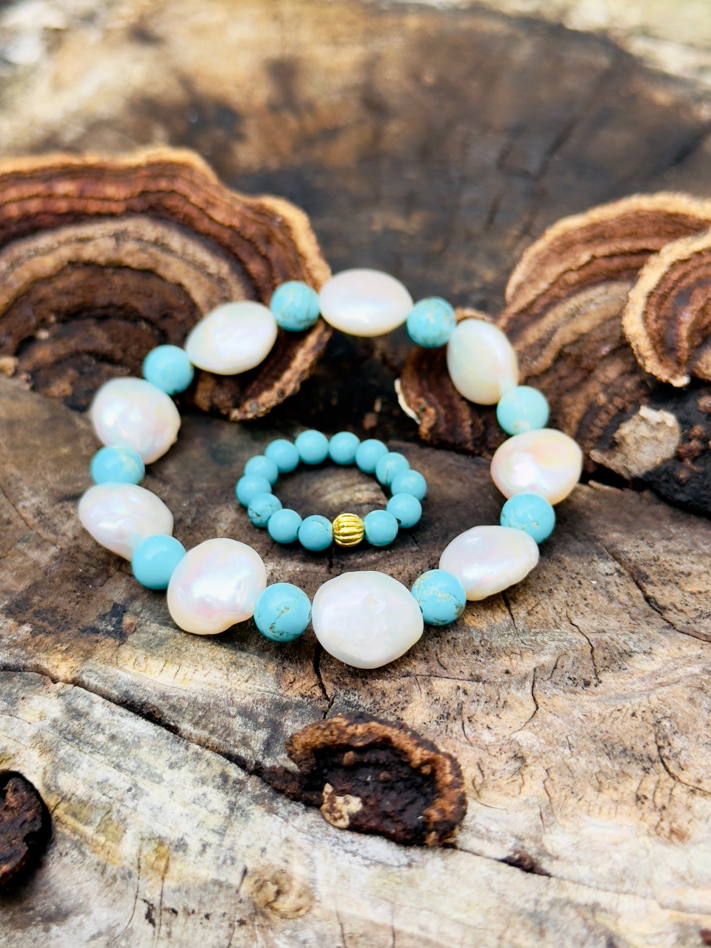 Natural Pearl - Turquoise Bracelet with Turquoise Ring Set