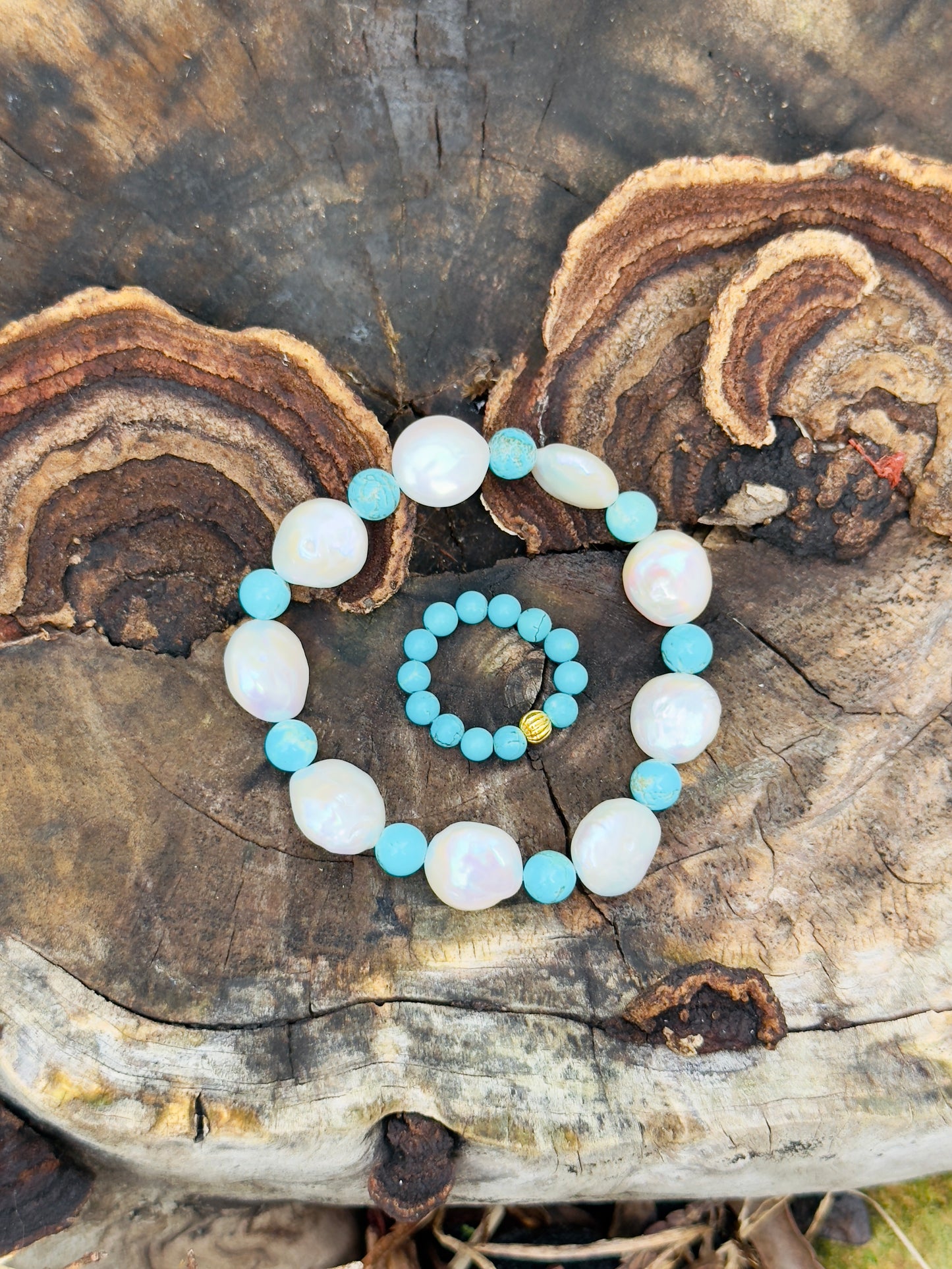 Natural Pearl - Turquoise Bracelet with Turquoise Ring Set