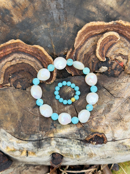 Natural Pearl - Turquoise Bracelet with Turquoise Ring Set