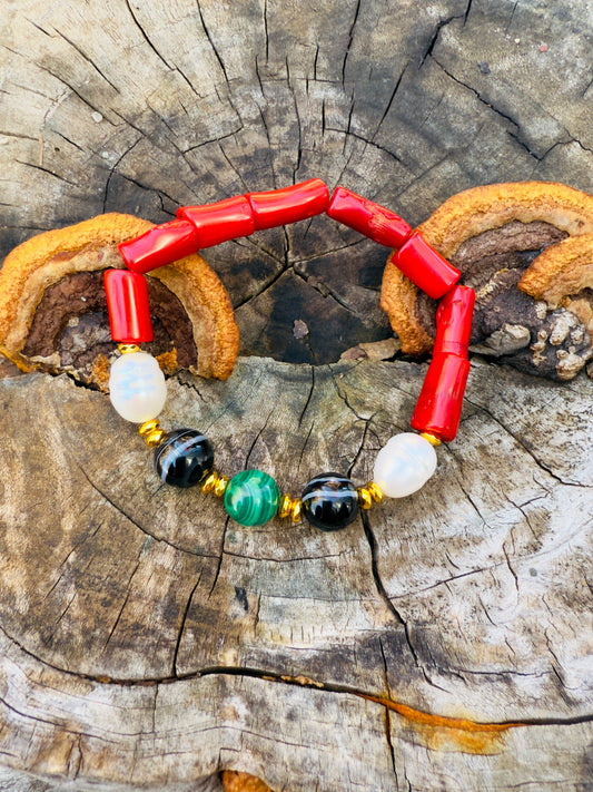 Natural Coral - Natural Pearl - Black Agate - Malachite Bracelet With Hematite Spacers