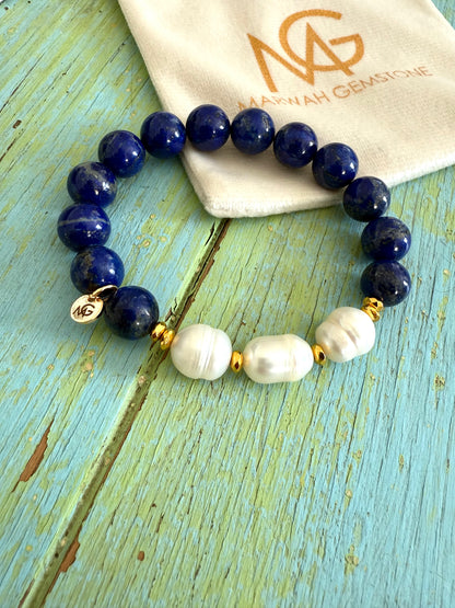 Lapis Lazuli - Natural Pearl Bracelet With Hematite Spacers 10mm Bead Size