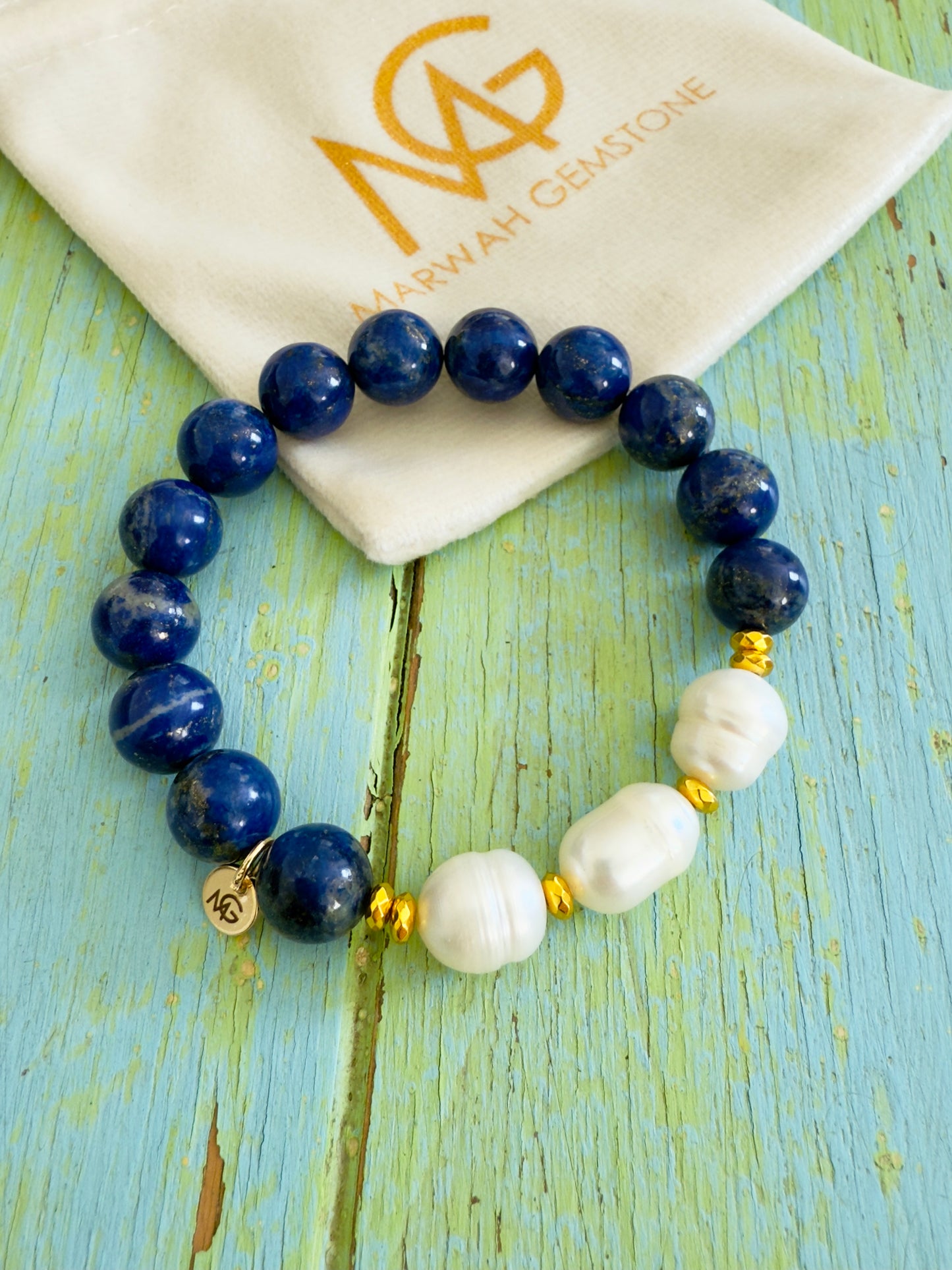 Lapis Lazuli - Natural Pearl Bracelet With Hematite Spacers 10mm Bead Size