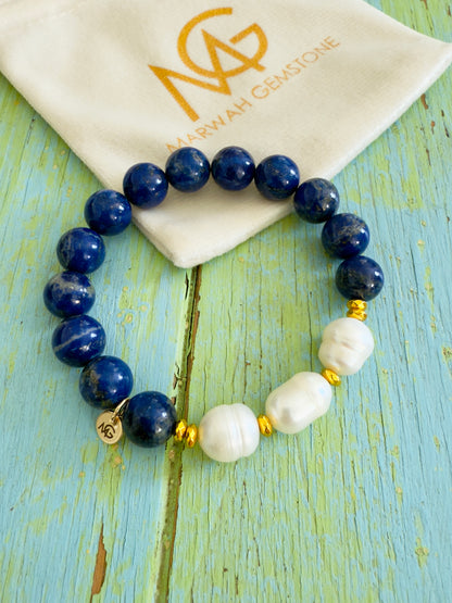 Lapis Lazuli - Natural Pearl Bracelet With Hematite Spacers 10mm Bead Size