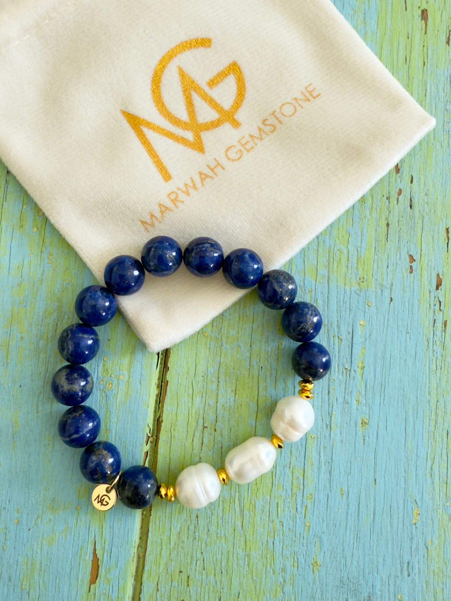Lapis Lazuli - Natural Pearl Bracelet With Hematite Spacers 10mm Bead Size