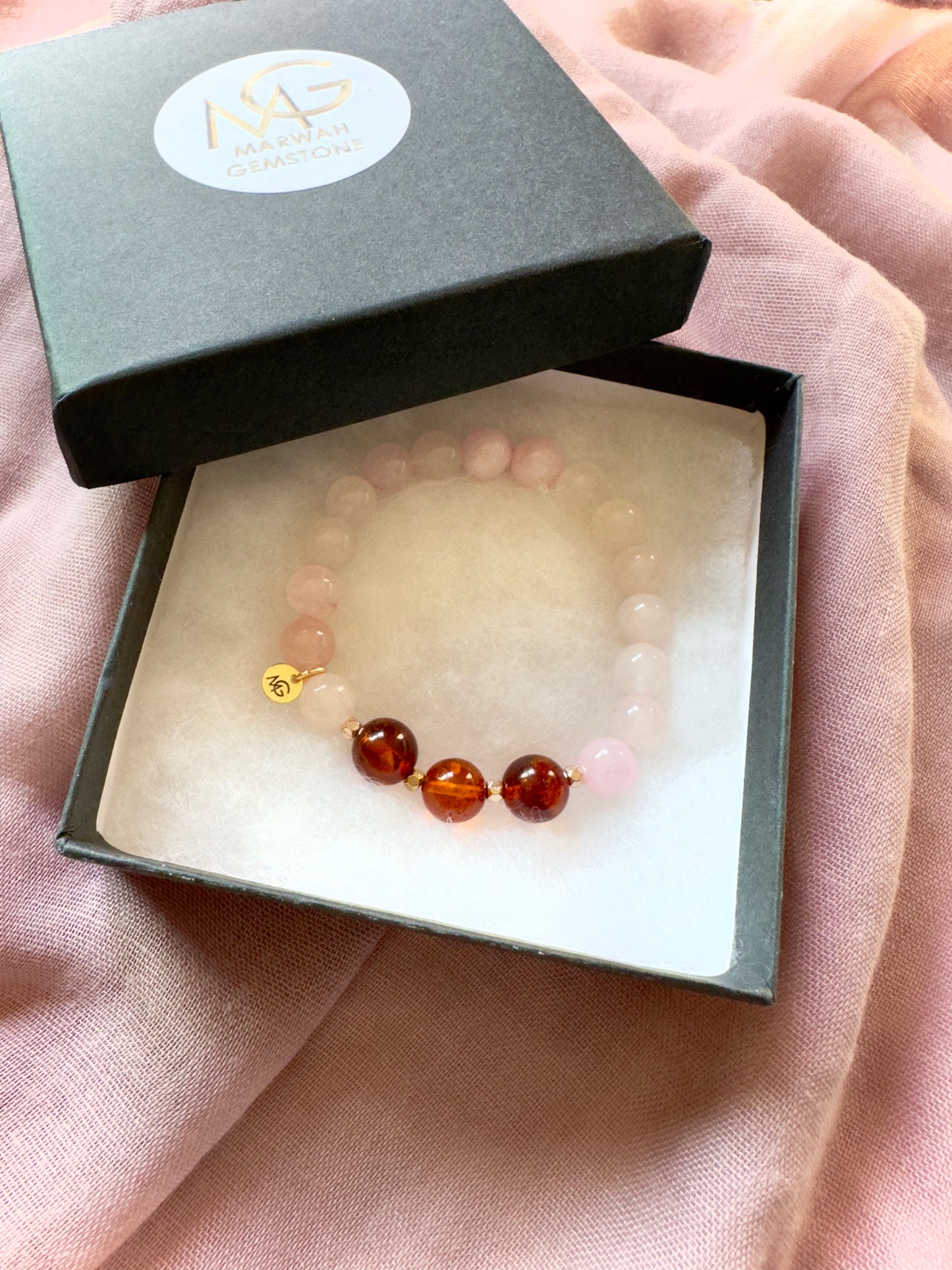Rose Quartz-Amber Mum and Daughter Bracelet Set