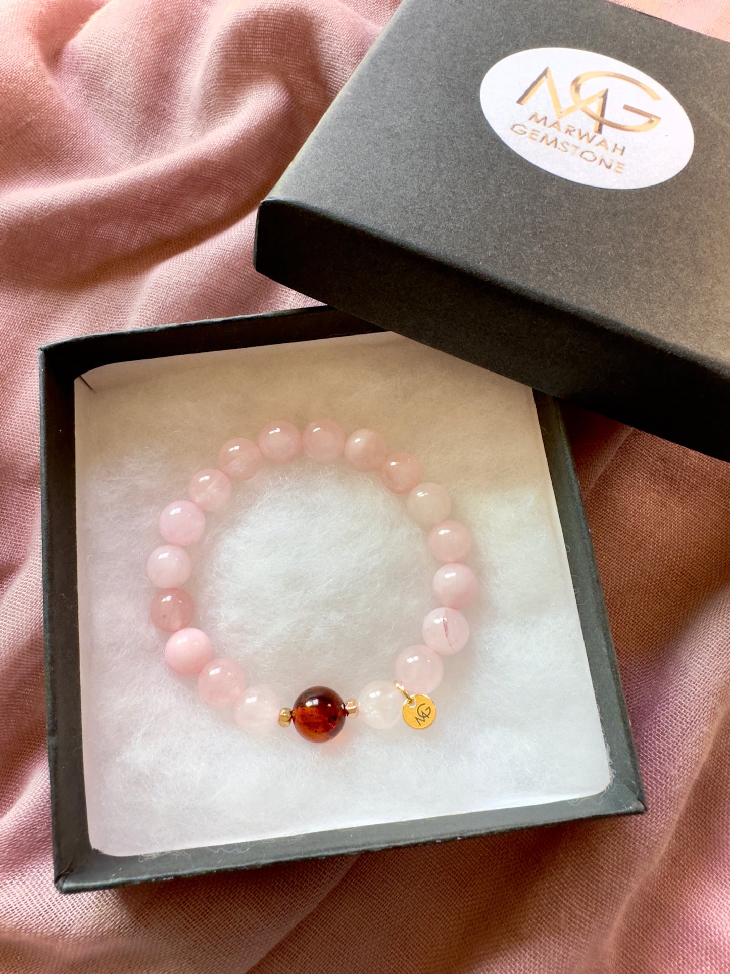 Rose Quartz-Amber Mum and Daughter Bracelet Set