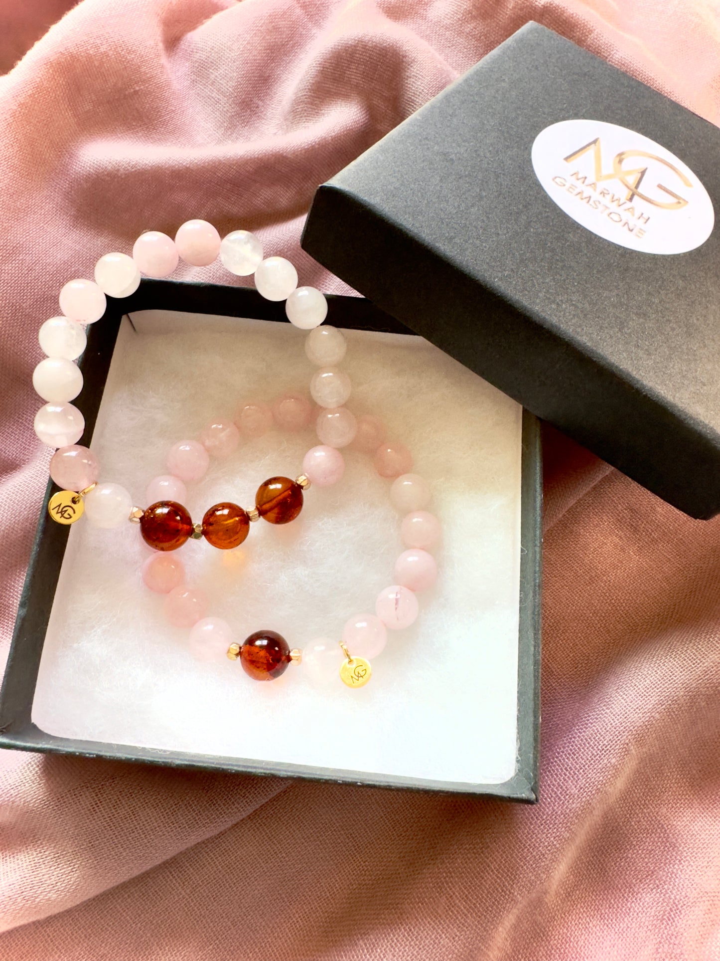 Rose Quartz-Amber Mum and Daughter Bracelet Set