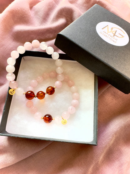Rose Quartz-Amber Mum and Daughter Bracelet Set