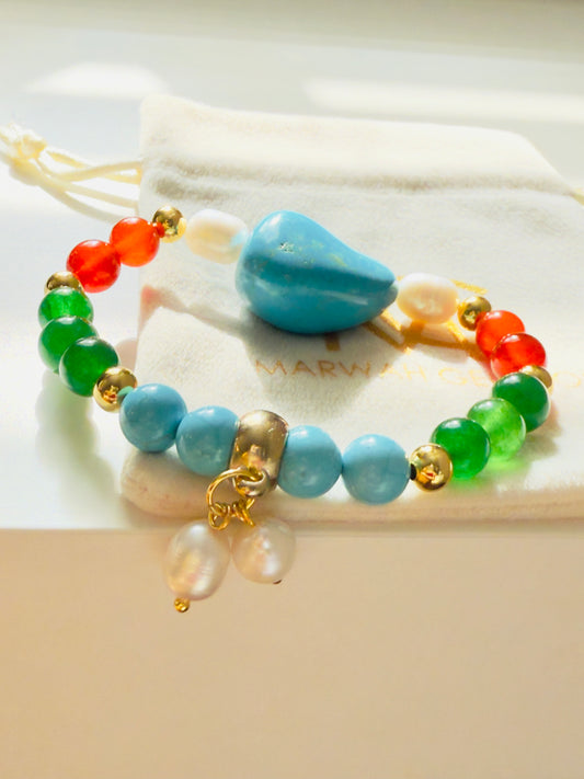Raw Turquoise - Natural Pearl - Green Jade - Carnelian Bracelet with Natural Pearl Charm