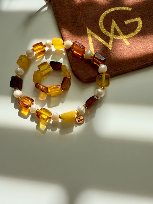 Natural Amber - Freshwater Pearl Bracelet + Ring Set with Hematite Spacers
