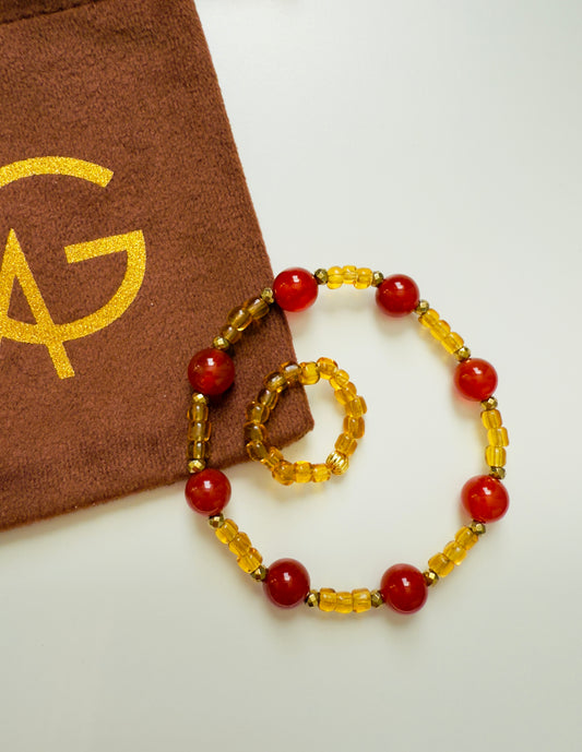 Natural Amber - Carnelian Bracelet + Ring Set with Hematite Spacers