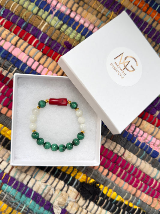 Moonstone - Malachite - Natural Coral Bracelet with Hematite Spacers