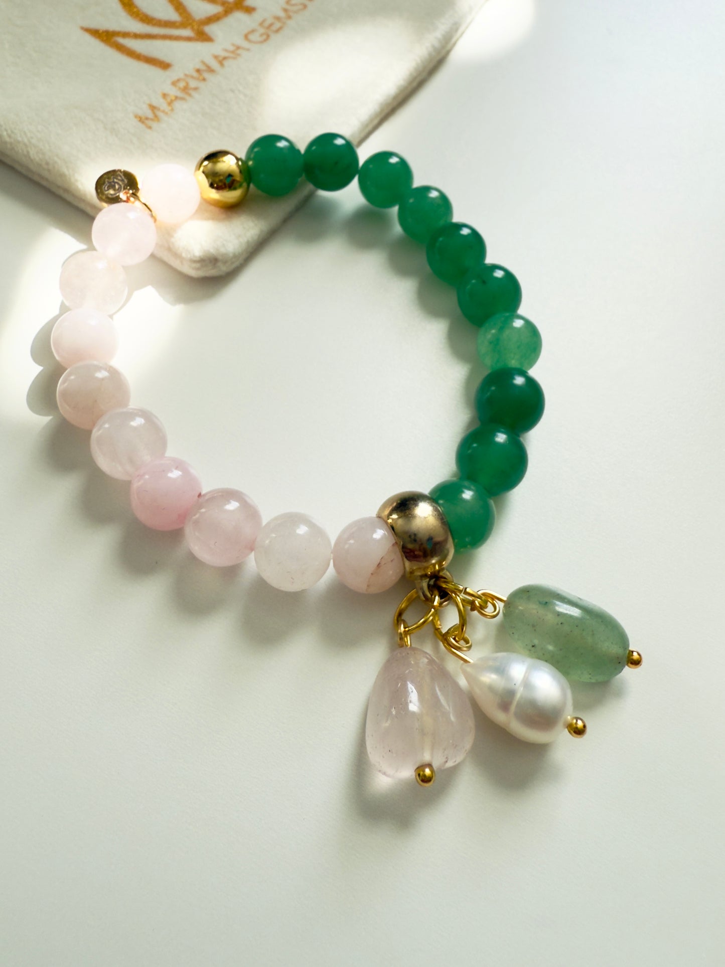 Green Aventurine - Rose Quartz Bracelet + Charm