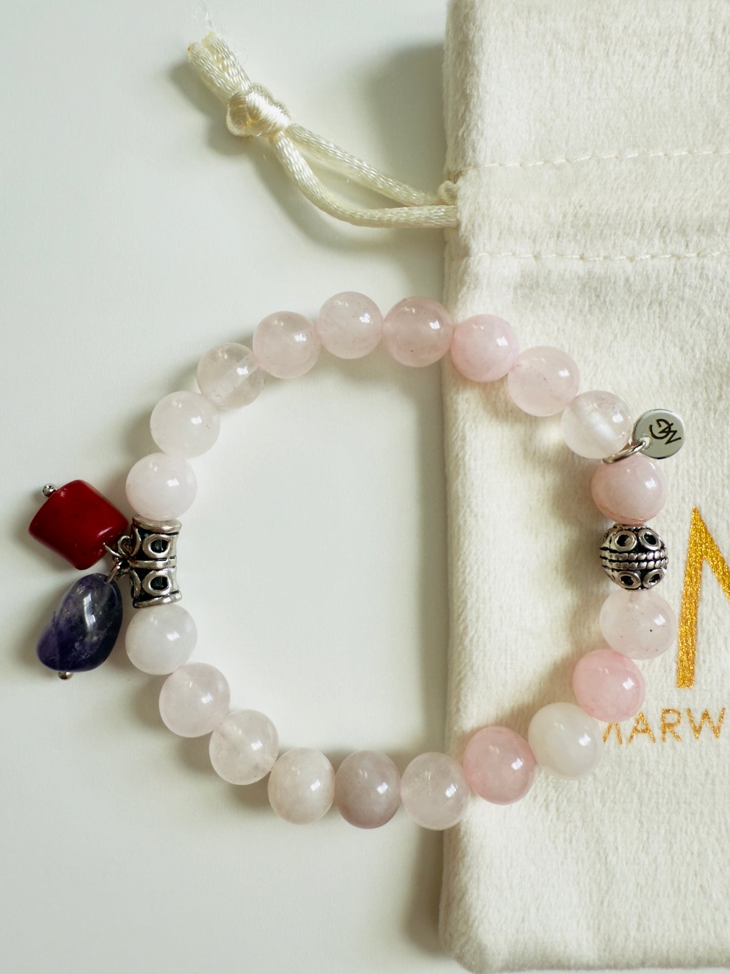 Rose Quartz Bracelet with Amethyst and Natural Coral Charm