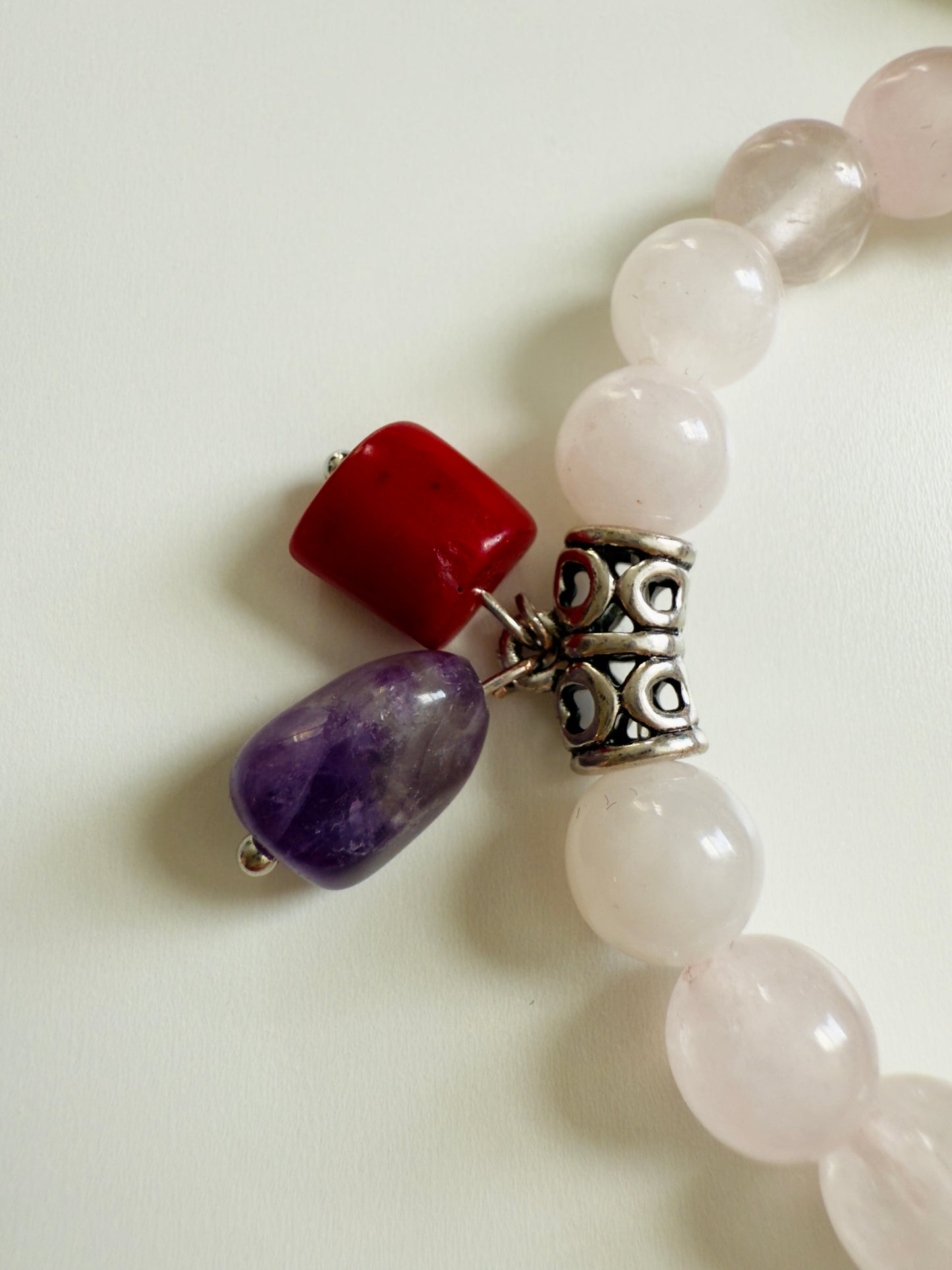 Rose Quartz Bracelet with Amethyst and Natural Coral Charm
