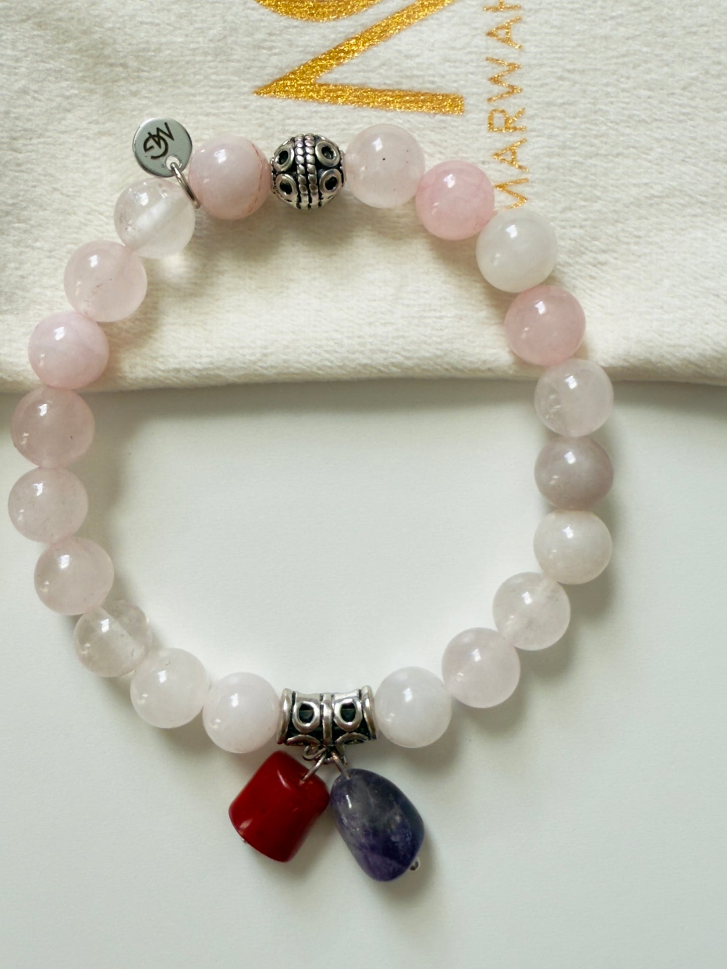 Rose Quartz Bracelet with Amethyst and Natural Coral Charm