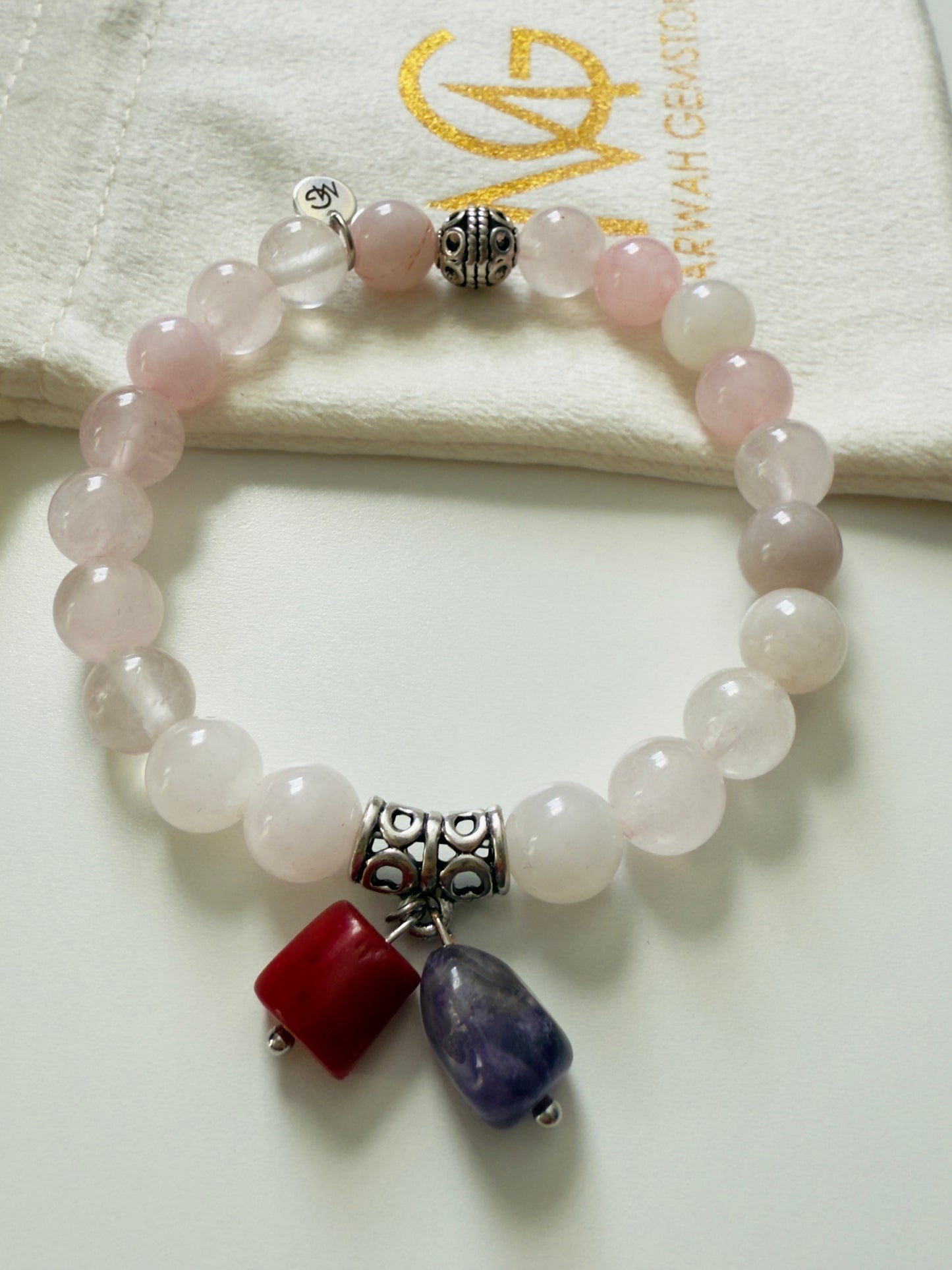 Rose Quartz Bracelet with Amethyst and Natural Coral Charm
