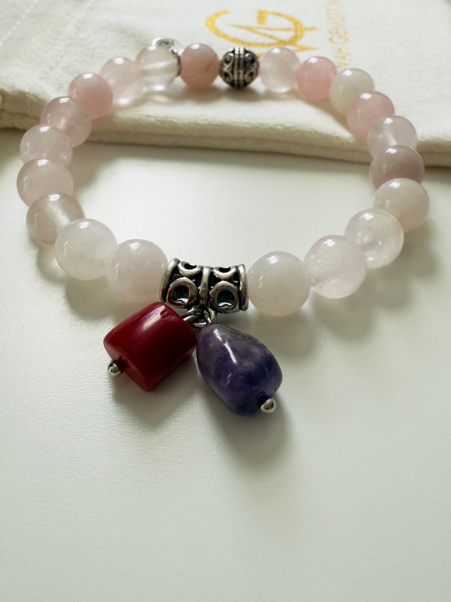Rose Quartz Bracelet with Amethyst and Natural Coral Charm