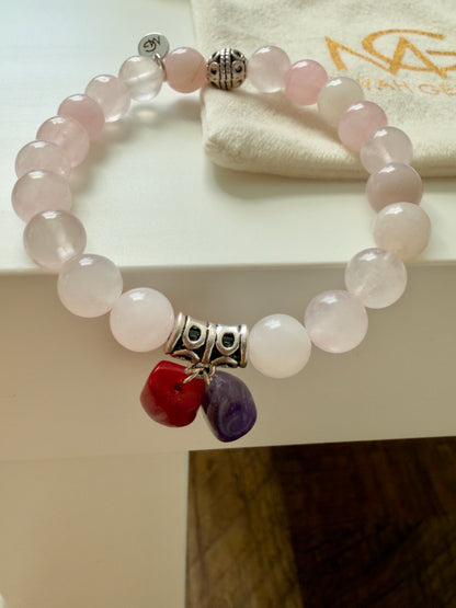 Rose Quartz Bracelet with Amethyst and Natural Coral Charm