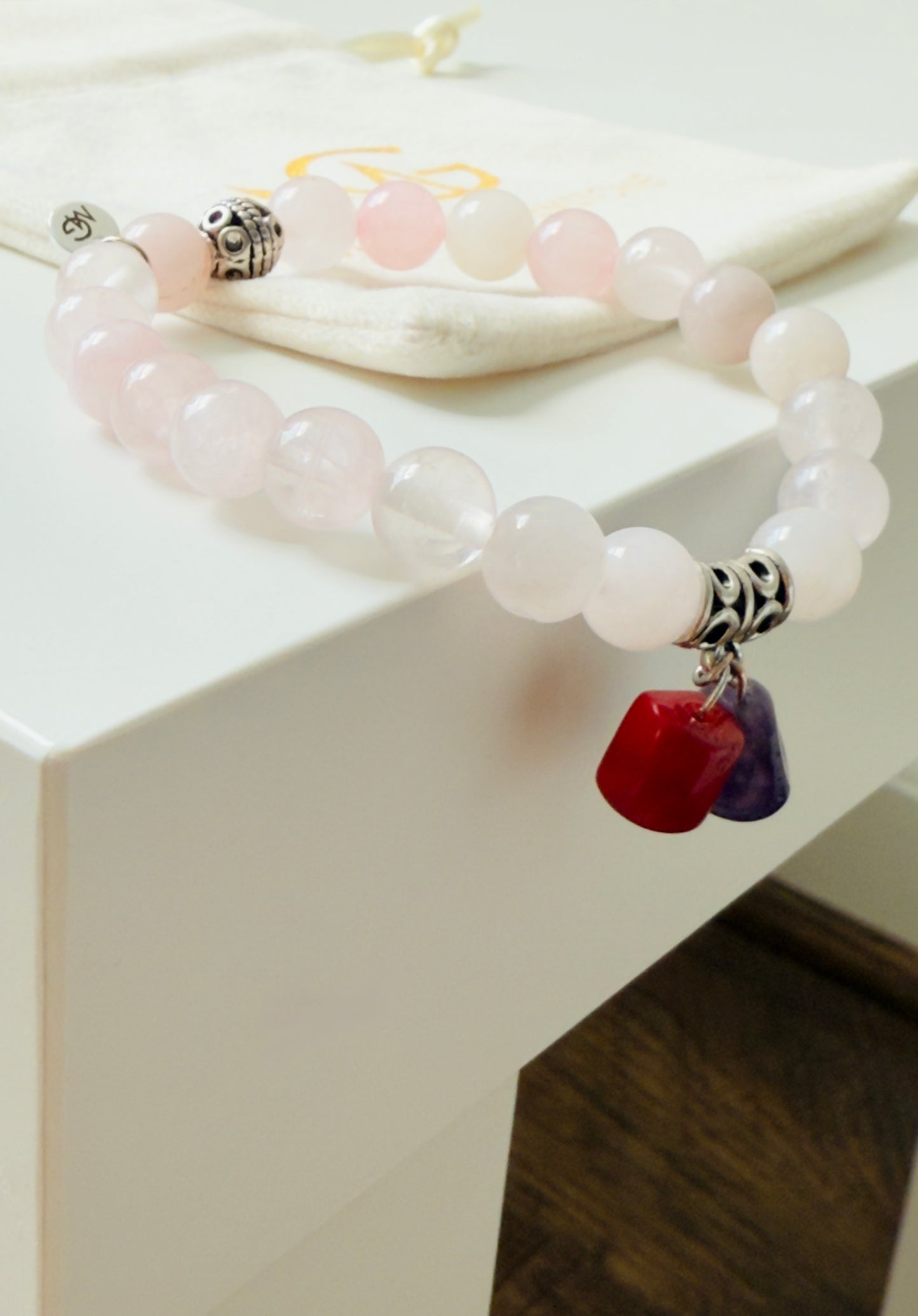 Rose Quartz Bracelet with Amethyst and Natural Coral Charm