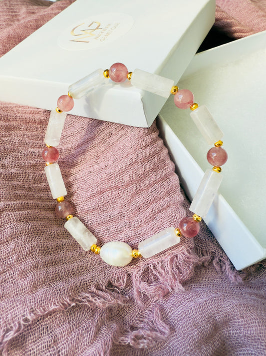 Love Bracelet of Rose Quartz - Strawberry Quartz - Natural Pearl and Hematite Spacers