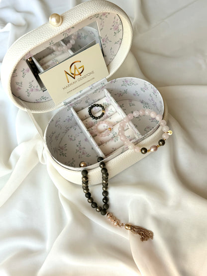 33-Bead Pyrite Misbaha with Rose Quartz - Natural Pink Toned Pearl Bracelet and Rings Set