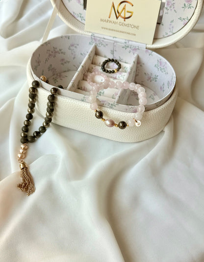 33-Bead Pyrite Misbaha with Rose Quartz - Natural Pink Toned Pearl Bracelet and Rings Set