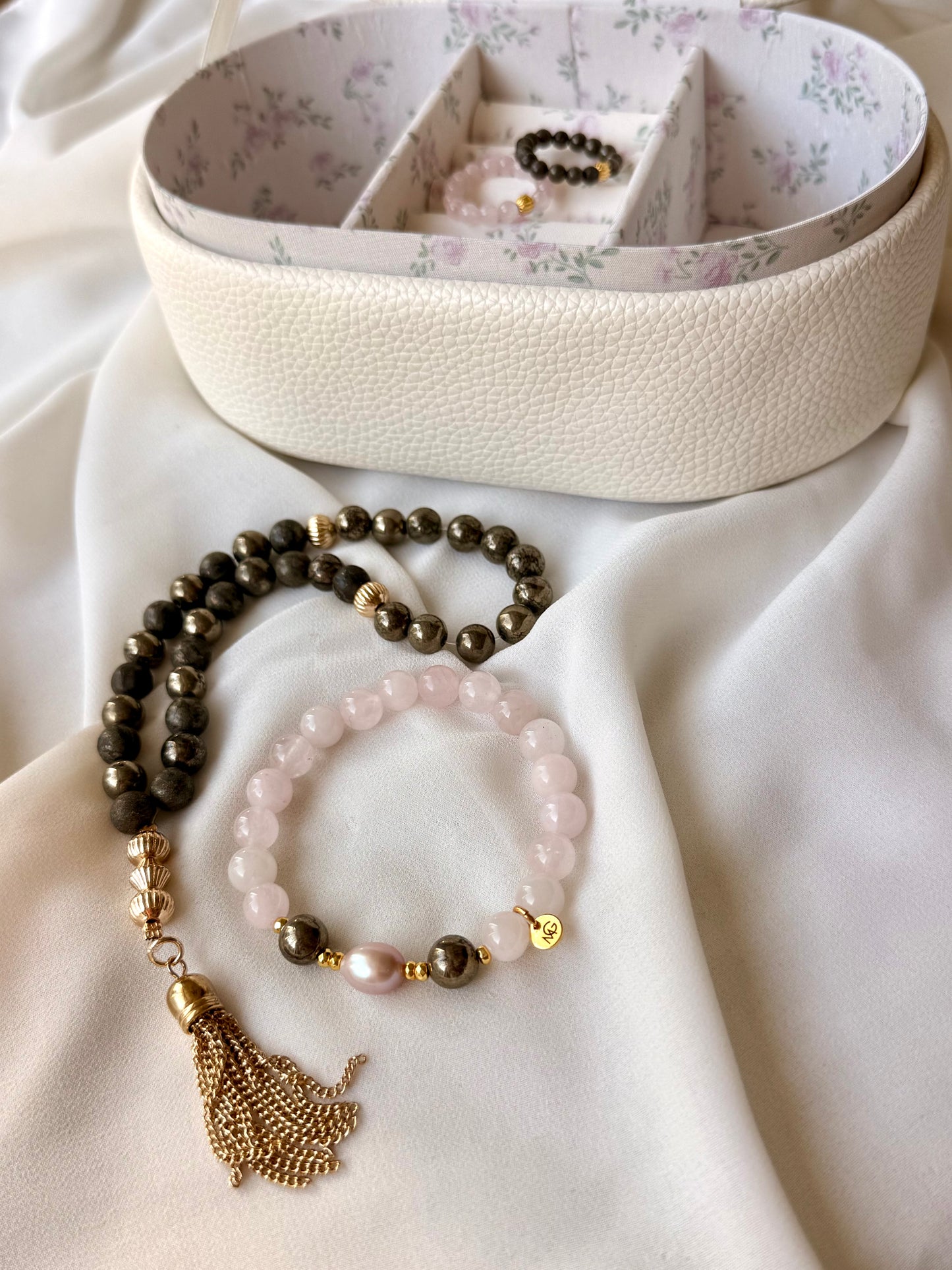 33-Bead Pyrite Misbaha with Rose Quartz - Natural Pink Toned Pearl Bracelet and Rings Set