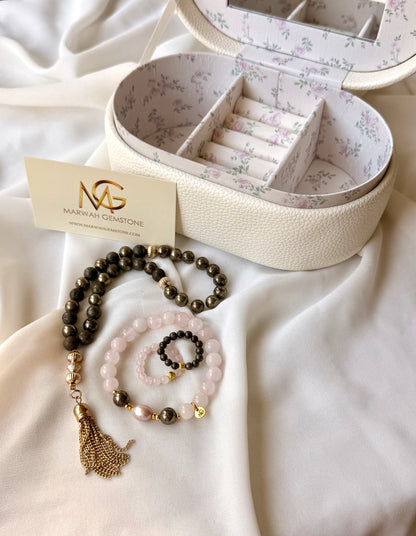 33-Bead Pyrite Misbaha with Rose Quartz - Natural Pink Toned Pearl Bracelet and Rings Set