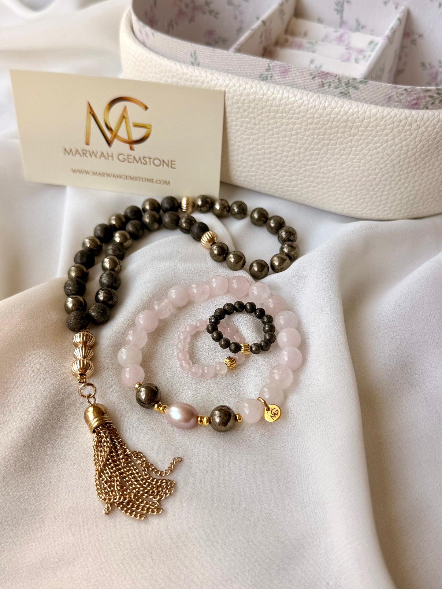 33-Bead Pyrite Misbaha with Rose Quartz - Natural Pink Toned Pearl Bracelet and Rings Set