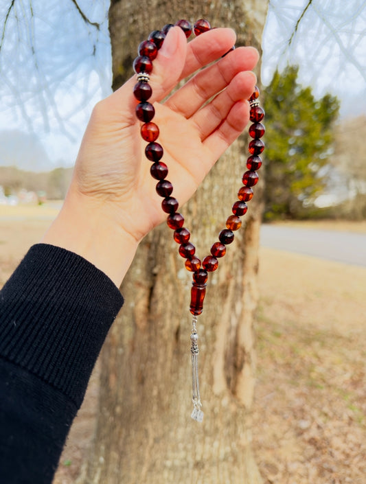 Natural Brown Amber 33-Bead Misbaha with Original Silver 925