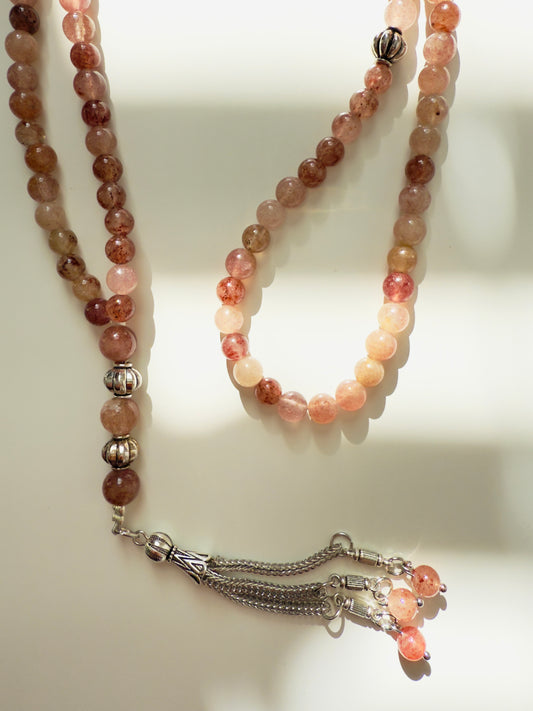 Strawberry Quartz 99-Bead Misbaha With Metal Spacers