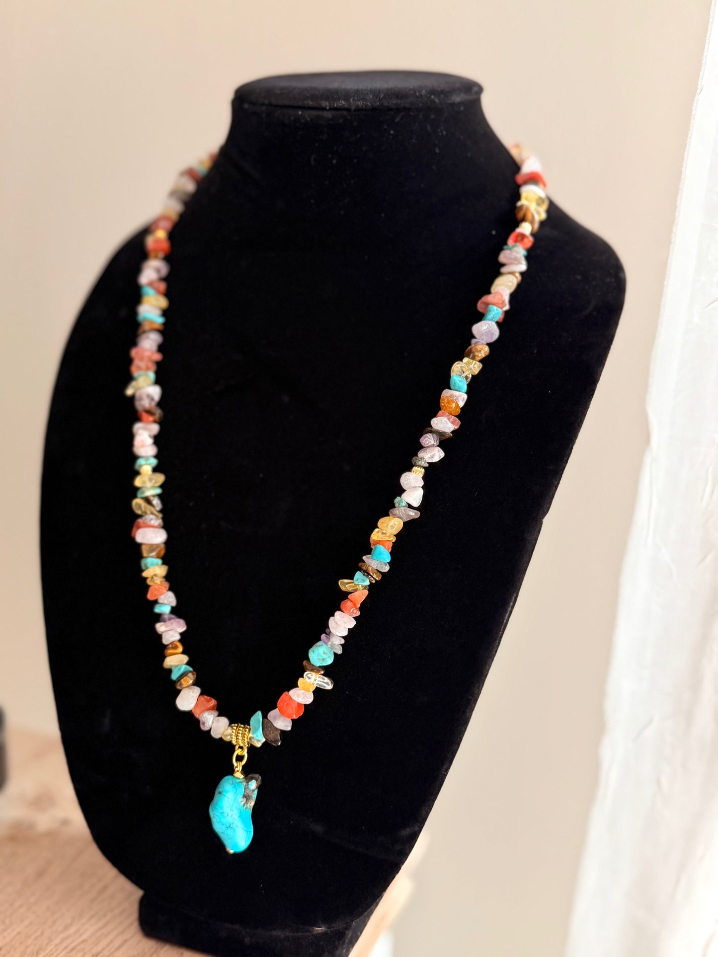 Custom Design Chipped Gemstone Necklace With a Raw Turquoise Pendant