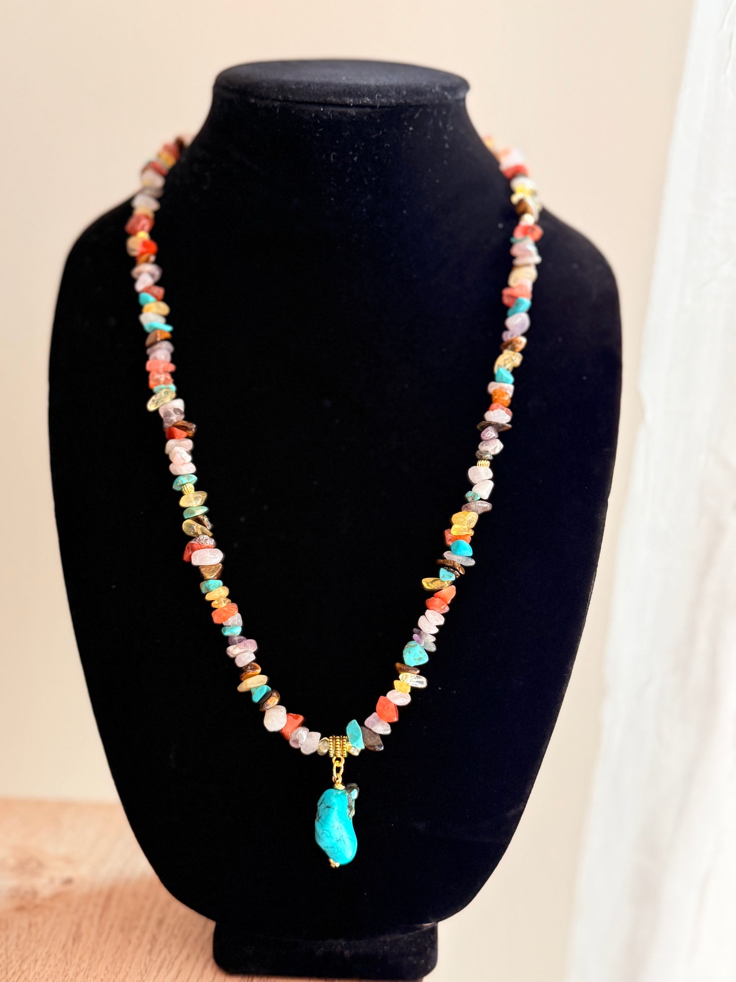 Custom Design Chipped Gemstone Necklace With a Raw Turquoise Pendant