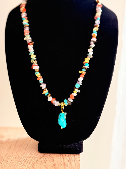 Custom Design Chipped Gemstone Necklace With a Raw Turquoise Pendant