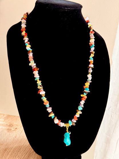 Custom Design Chipped Gemstone Necklace With a Raw Turquoise Pendant