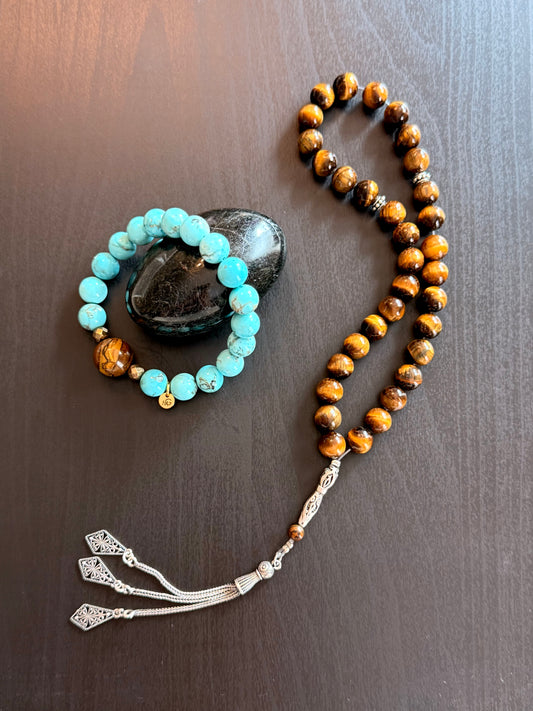 33-Bead Tiger Eye Misbaha with Silver 925 and Turquoise - Tiger Eye Bracelet