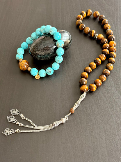 33-Bead Tiger Eye Misbaha with Silver 925 and Turquoise - Tiger Eye Bracelet