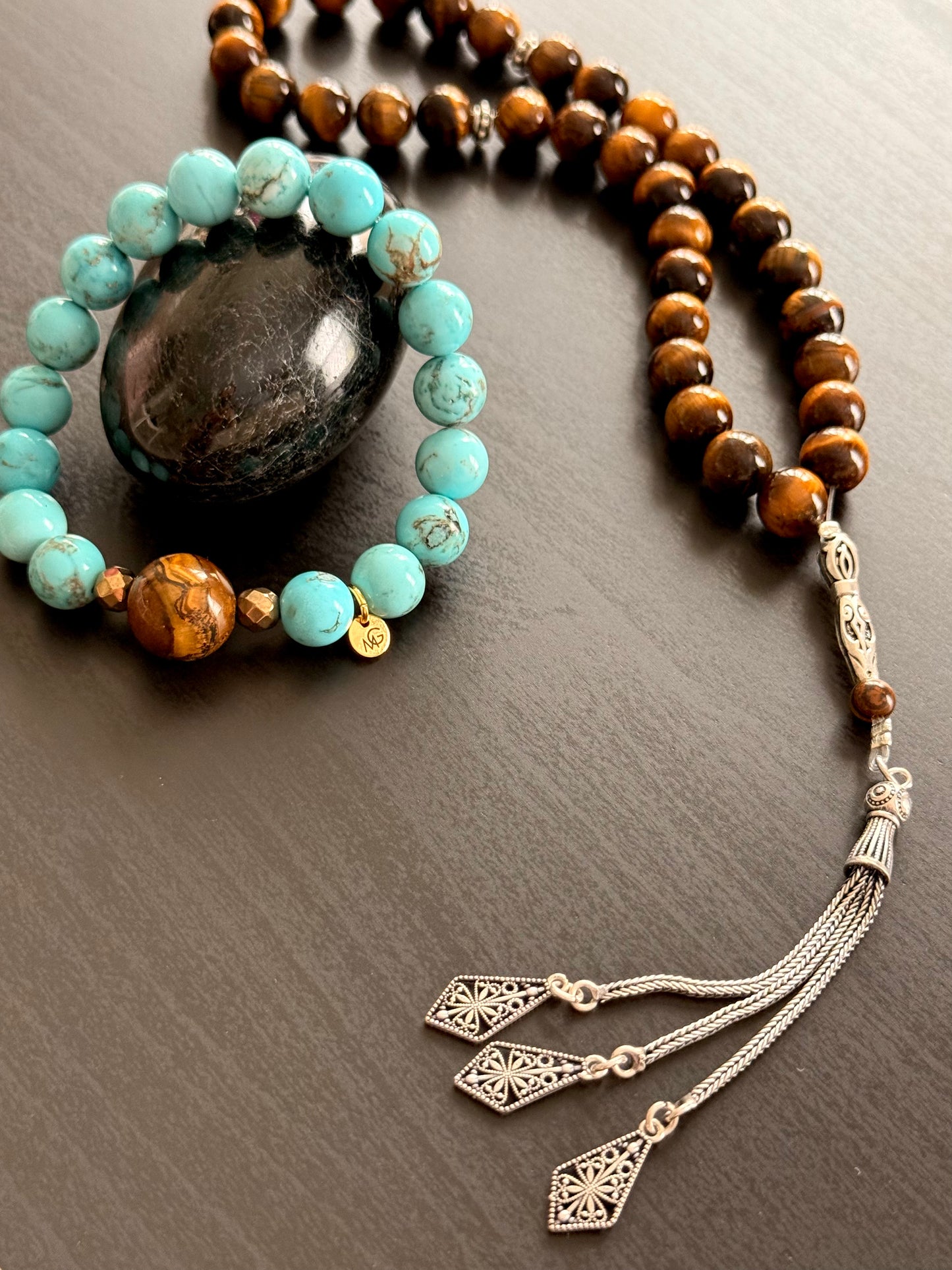 33-Bead Tiger Eye Misbaha with Silver 925 and Turquoise - Tiger Eye Bracelet