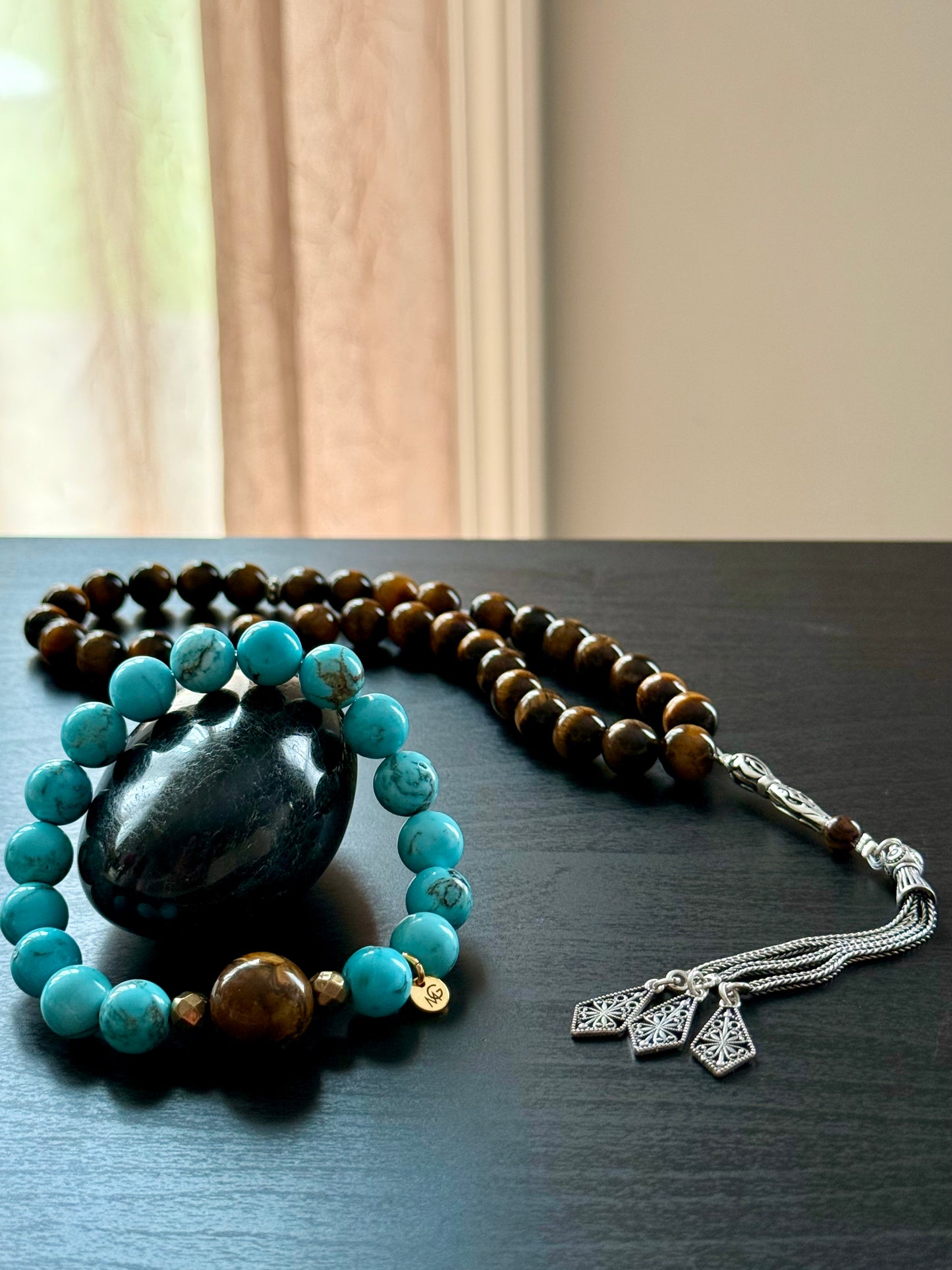 33-Bead Tiger Eye Misbaha with Silver 925 and Turquoise - Tiger Eye Bracelet