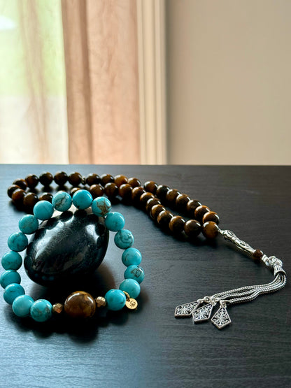 33-Bead Tiger Eye Misbaha with Silver 925 and Turquoise - Tiger Eye Bracelet