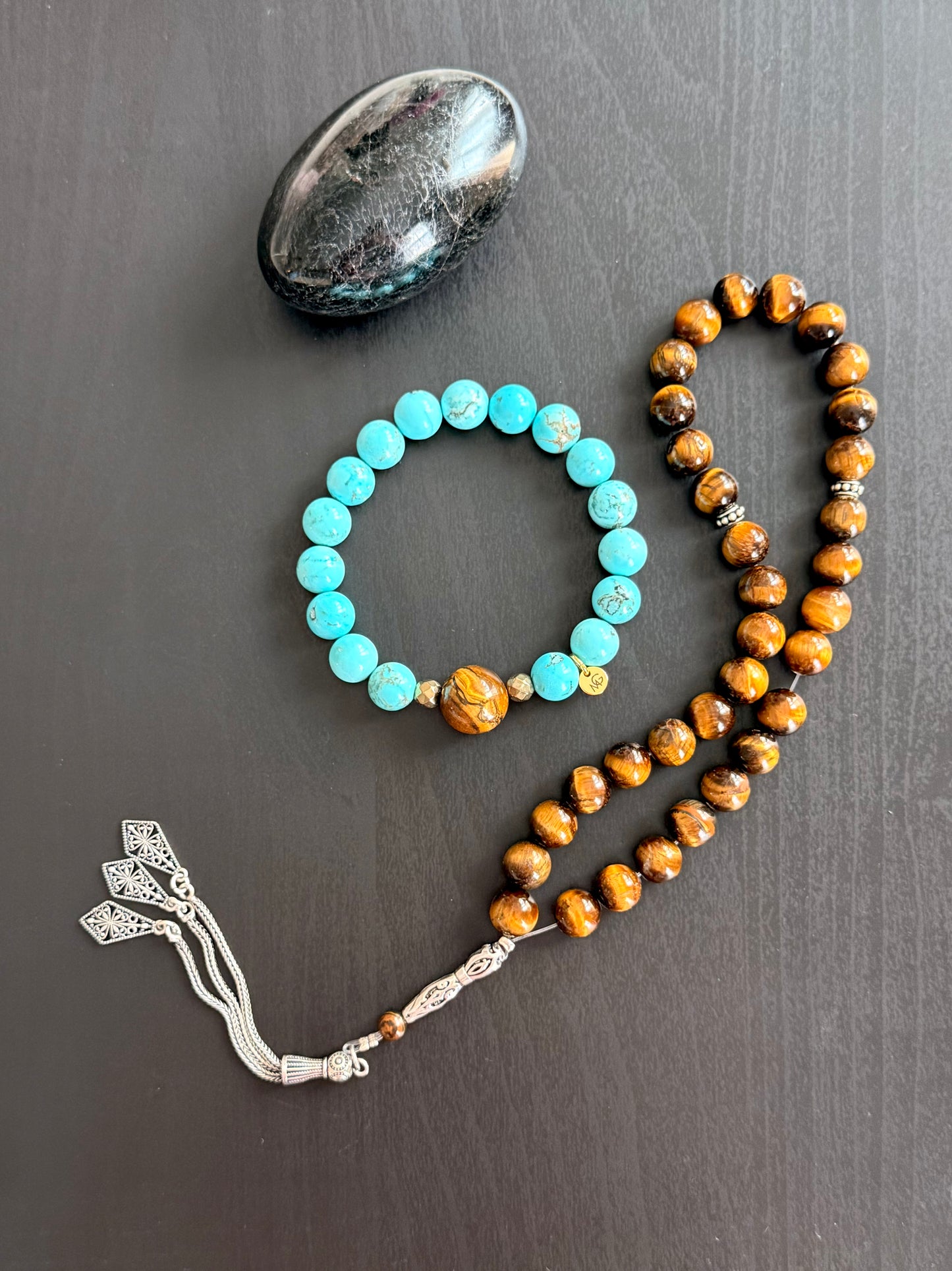 33-Bead Tiger Eye Misbaha with Silver 925 and Turquoise - Tiger Eye Bracelet