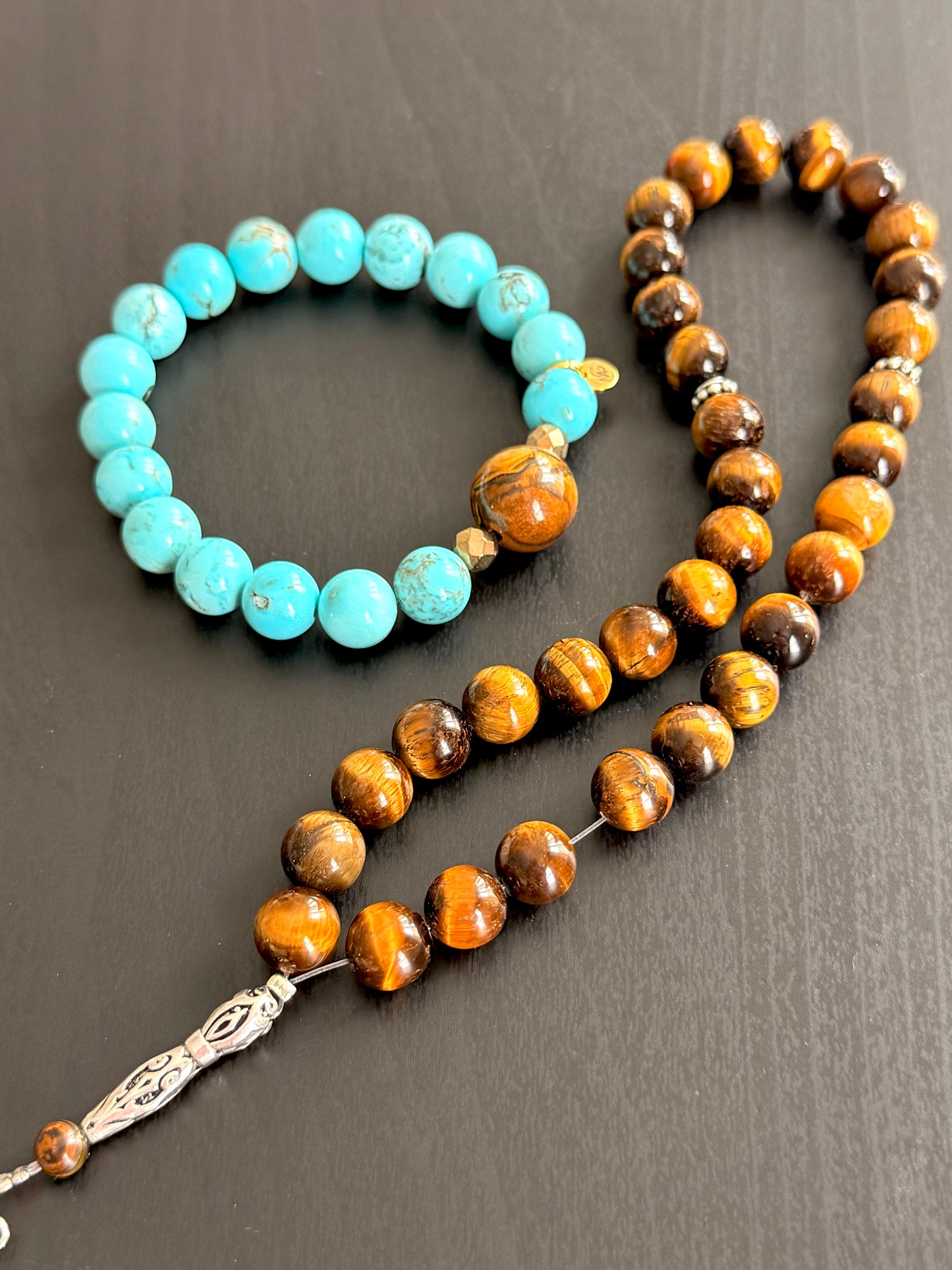 33-Bead Tiger Eye Misbaha with Silver 925 and Turquoise - Tiger Eye Bracelet