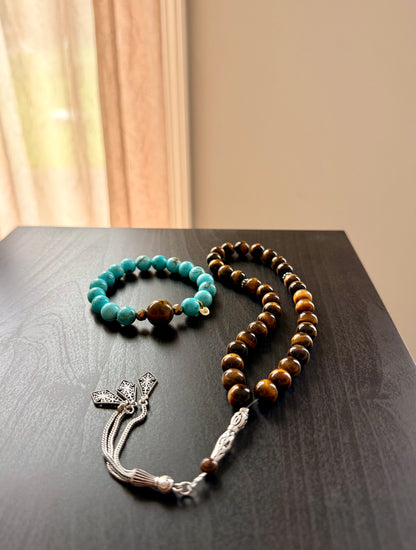33-Bead Tiger Eye Misbaha with Silver 925 and Turquoise - Tiger Eye Bracelet