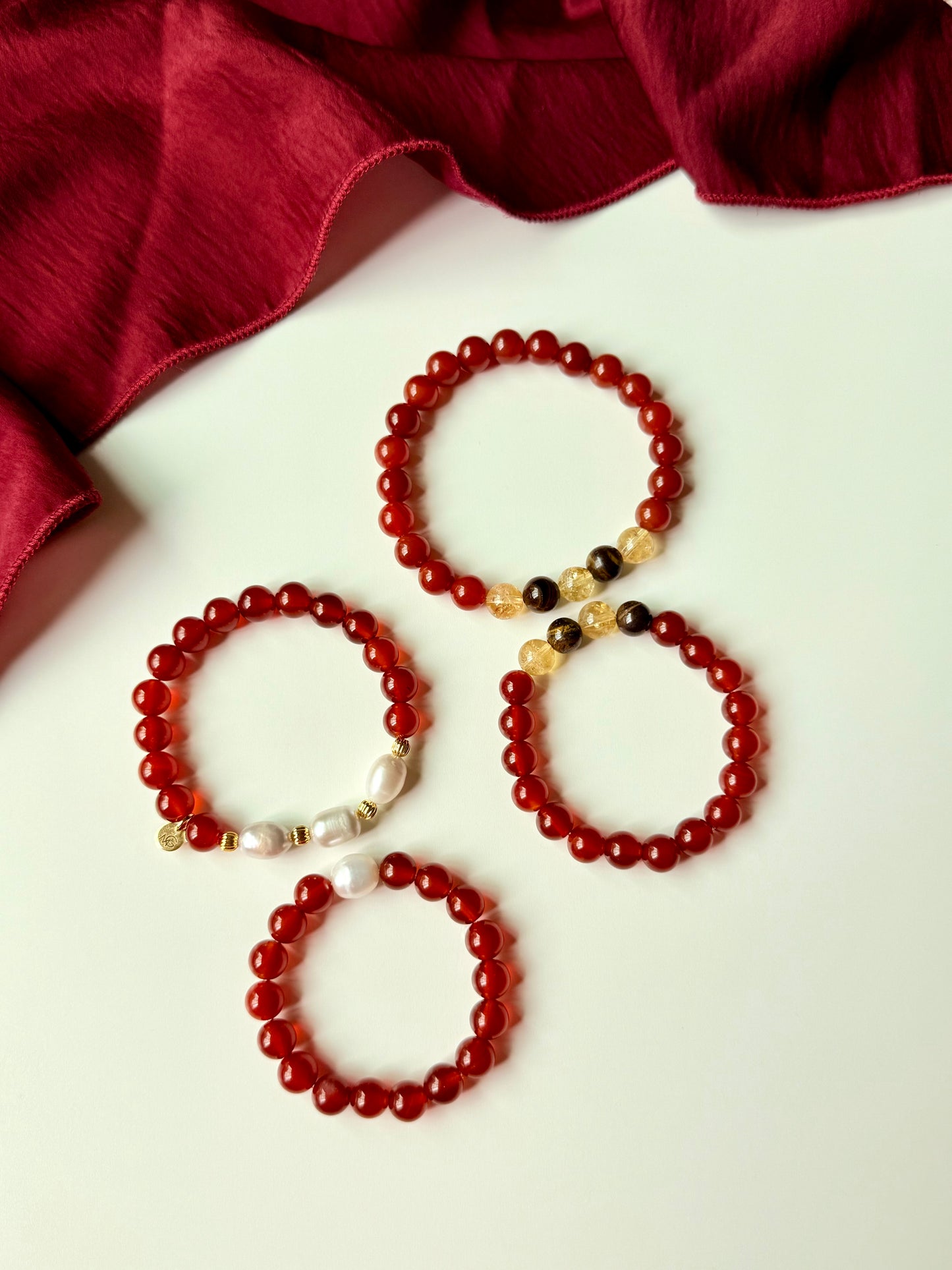 Red Agate - Natural Pearl - Tiger Eye - Citrine Family Bracelet Set