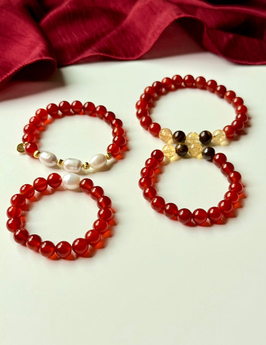 Red Agate - Natural Pearl - Tiger Eye - Citrine Family Bracelet Set