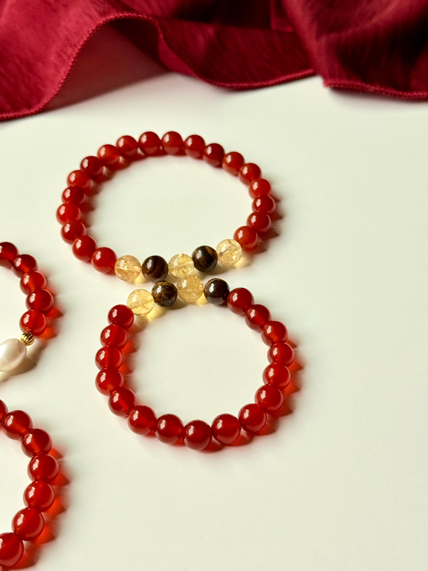 Red Agate - Natural Pearl - Tiger Eye - Citrine Family Bracelet Set
